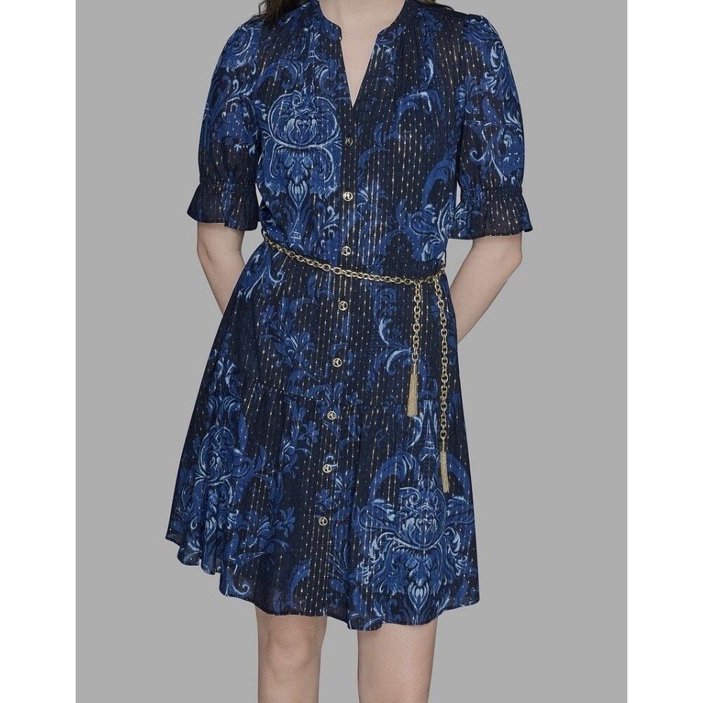 KARL LAGERFELD PARIS Women's Printed Chain-Belt Ruffle Sleeve Dress Naval Sz: 2